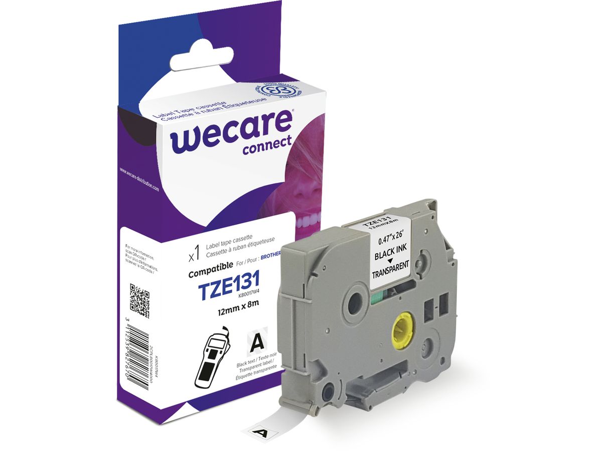 WECARE Band, laminiert schwarz/klar TZe-131WE ersetzt Ptouch Tze-131 12mm (3112539827670)