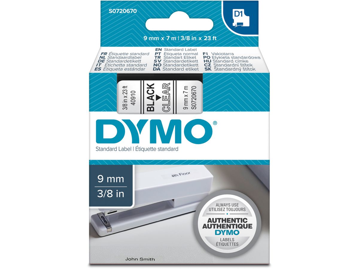 DYMO Schriftband D1 schwarz/transp. S0720670 9mm/7m (5411313409100)