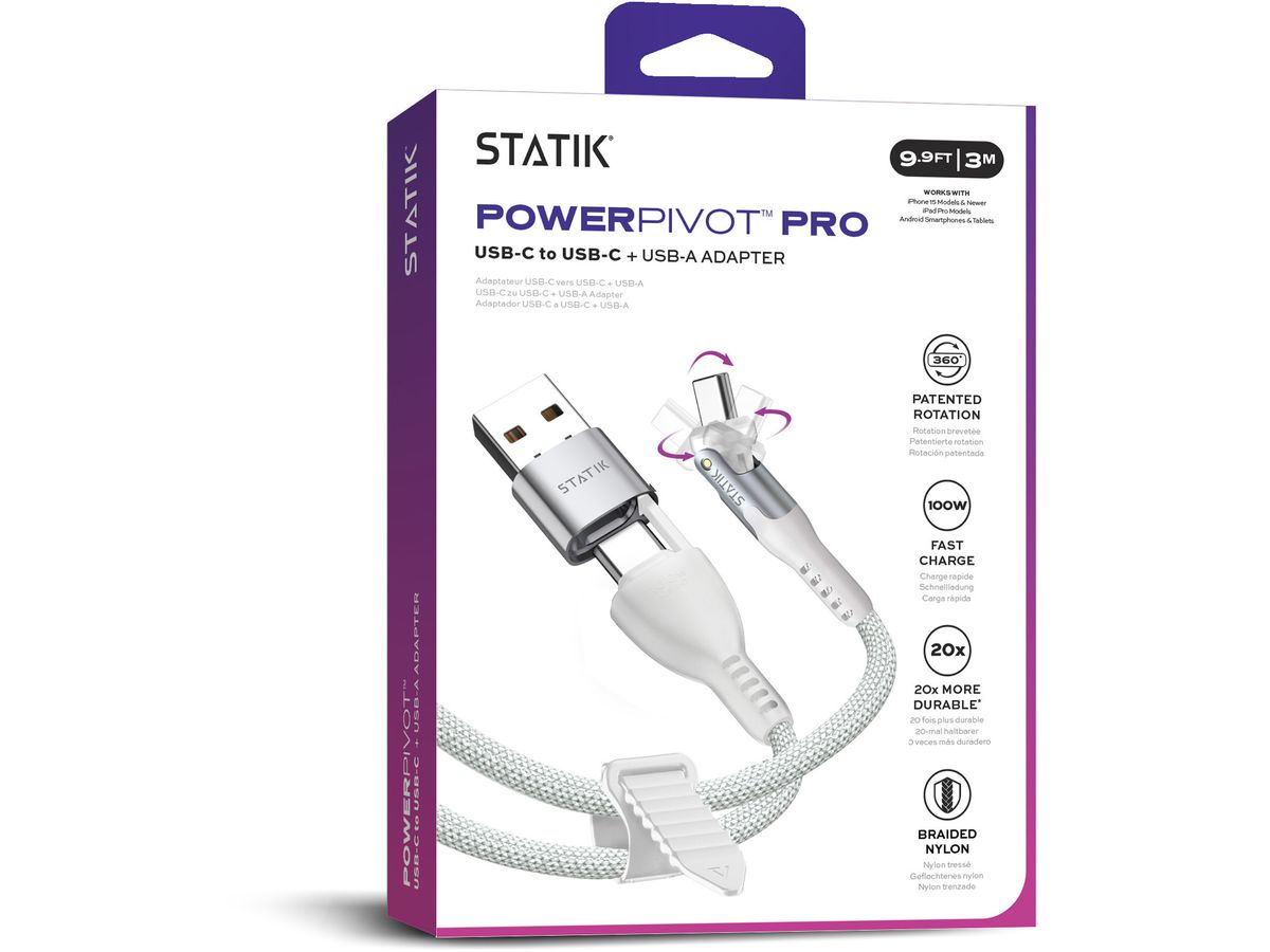 STATIK PowerPivot Pro Nylon Braided PUP-0455-10FT-CC-WHT USB-C to C, 3m, 100W White (0810024057702)