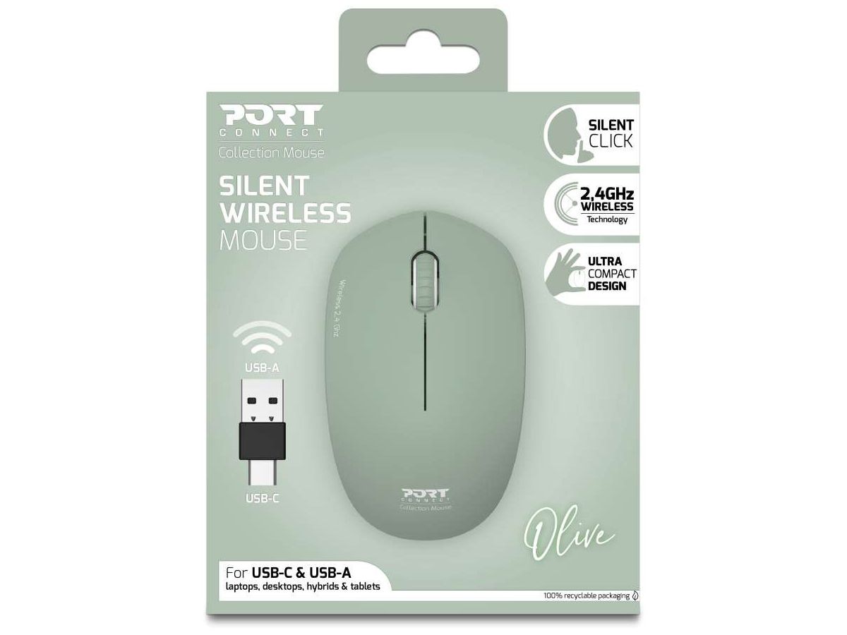 PORT Silent Mouse Wireless 900543 USB-C/USB-A, Olive (3567049005436)
