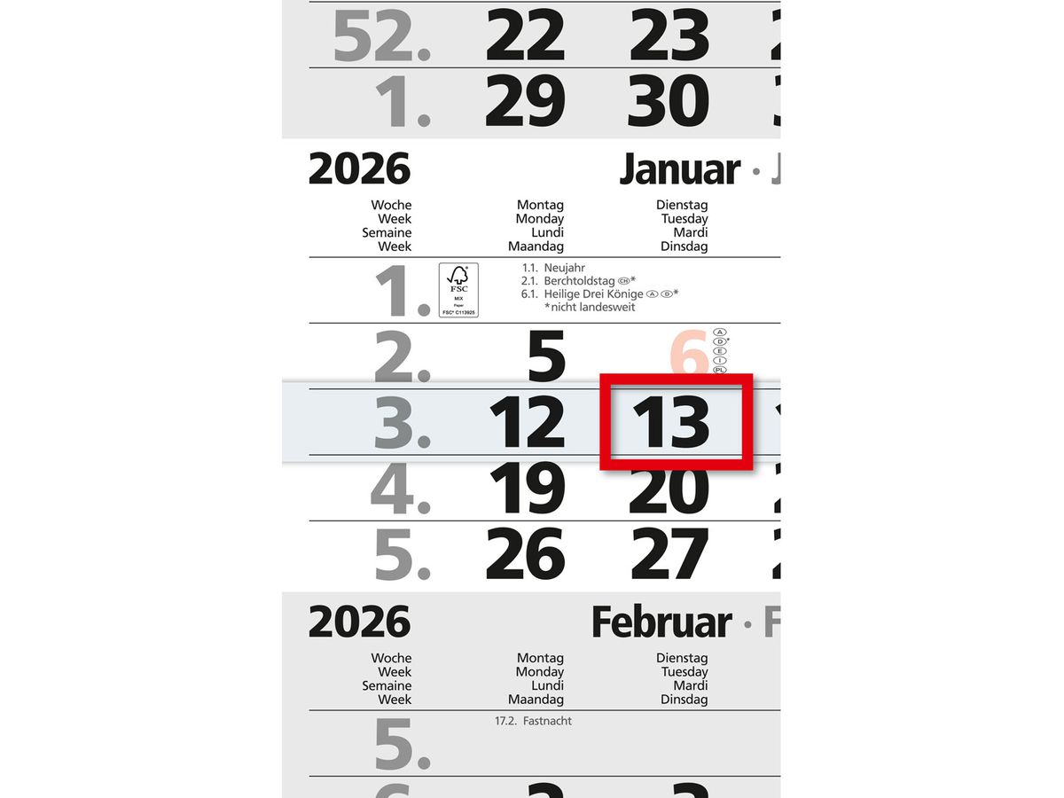 BÜHNER 4-Monatskalender 2026 M4MF-R-BLOCK ML 30x59cm (4260256370326)