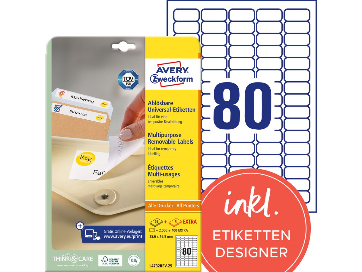 AVERY ZWECKFORM Etichette univers. 35.6x16.9mm L4732REV-25 bianco 2400 pz./25 + 5 fogli (4004182047323)