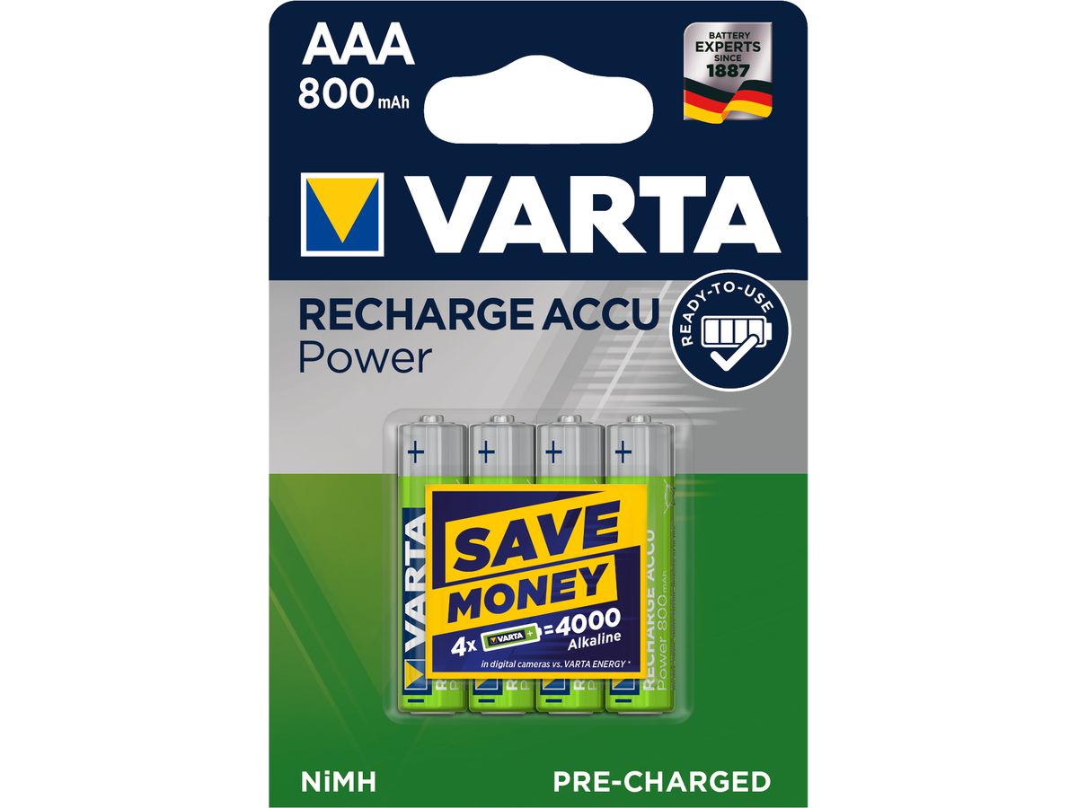 VARTA Batterie Akku 56703101404 AAA/HR03, 800 mAh, 4 Stück (4008496550616)