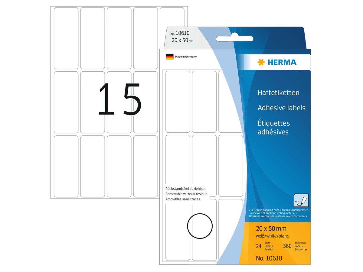 HERMA Etiketten Ablösbar 20×50mm 10610 weiss, non perm. 480 Stück (4008705106108)