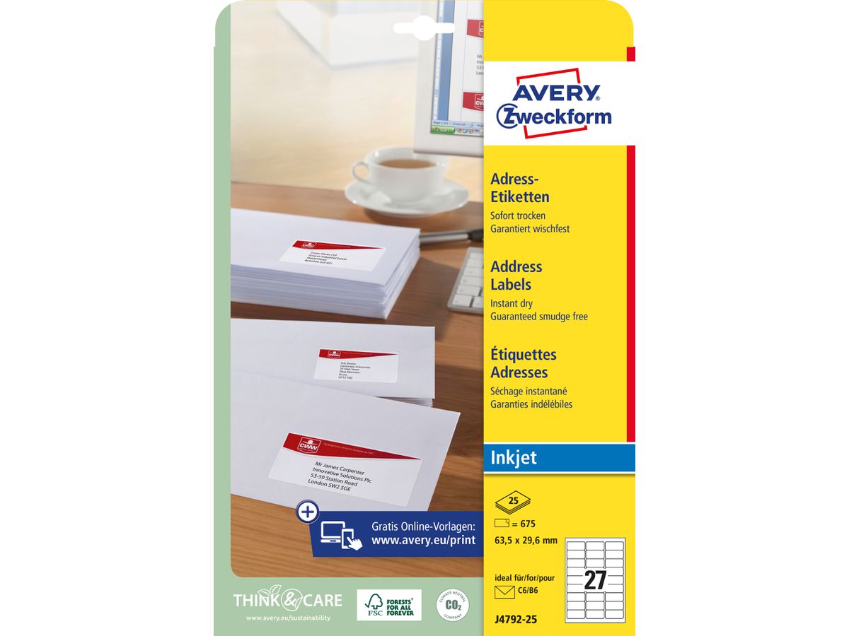 AVERY ZWECKFORM Adressetiketten 63,5x29,6mm J4792-25 InkJet, weiss 675 Stk./25 Bl. (4004182047927)
