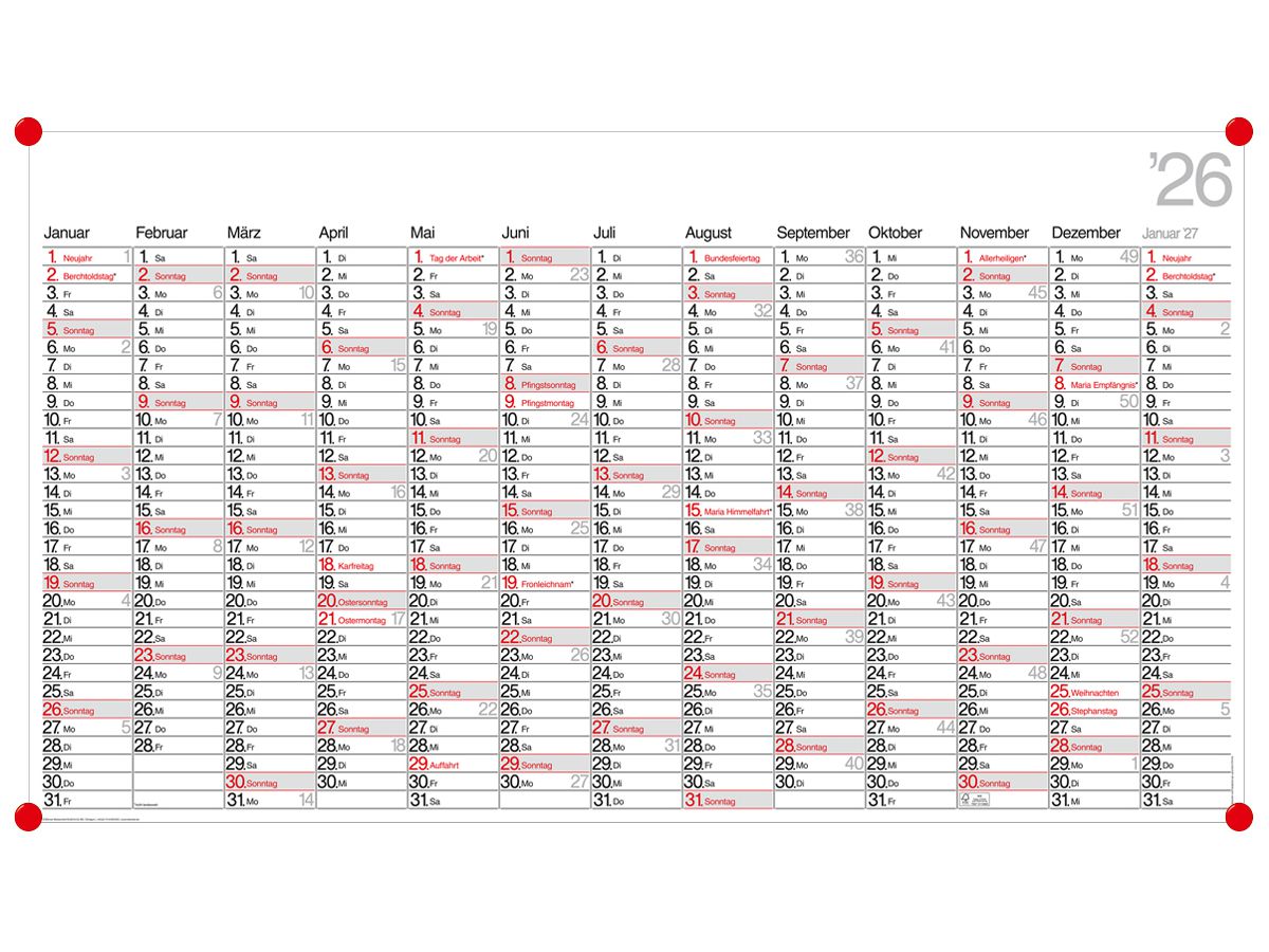 BÜHNER Jahresplaner DE 2026 PO13-CH-R-FS 13M 139x79cm (4260256370265)