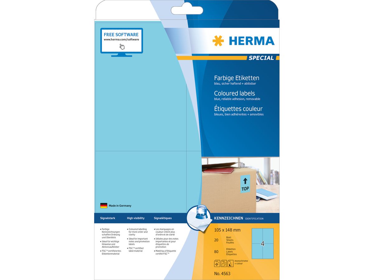 HERMA Étiquettes SPECIAL 105x148mm 4563 bleu,non-perm. 80pcs./20flls. (4008705045636)