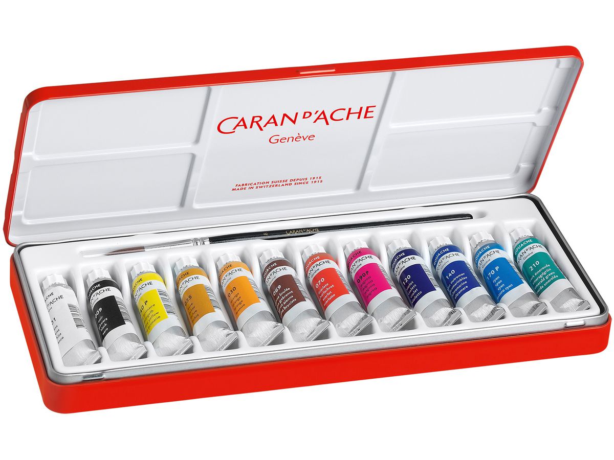 CARAN D'ACHE Couleur opaque Gouache 2001.312 12 tubes Metallbox, brosse (7630002306157)