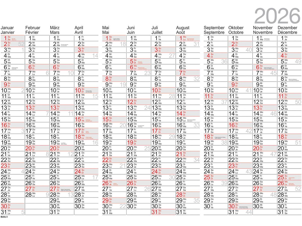 BIELLA Jahres-Wandplaner 2026 876013000026U 1J/1S weiss DE/FR 98x68cm (7611365527540)