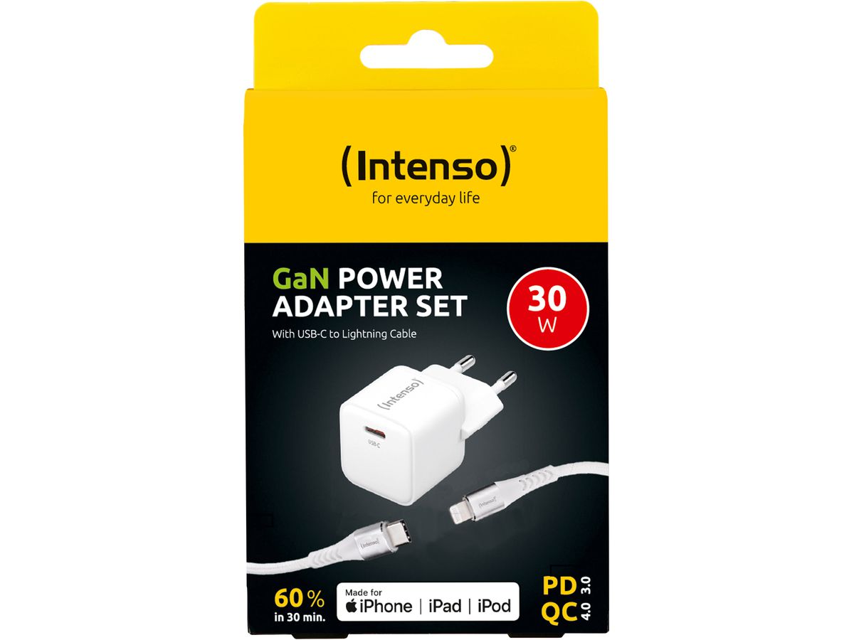 INTENSO Power Charger 30W GaN 1x USB-C 7803052 +Cable USB-C - Lightning white (4034303034116)