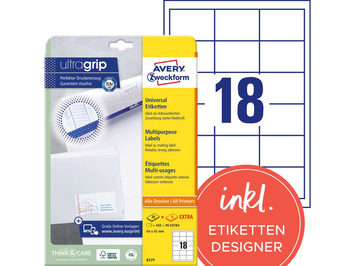 AVERY ZWECKFORM Universaletiketten 64x45mm 6171 weiss 540 Stk./25 + 5 Blatt (4004182061718)