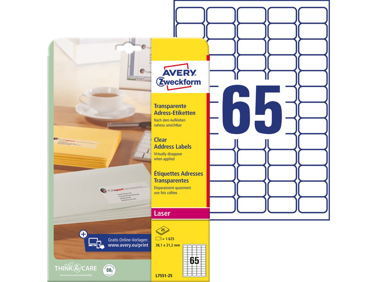 AVERY ZWECKFORM Etichette laser 38x21,2mm L7551-25 trasparente 1625 pz./25 fl. (4004182967454)