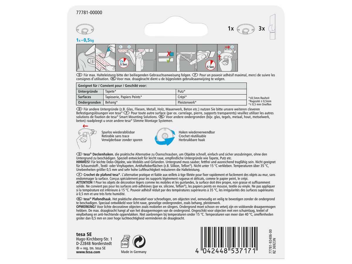 TESA Deckenhaken bis 0,5kg 77781-00000 Tapete & Putz (4042448537171)