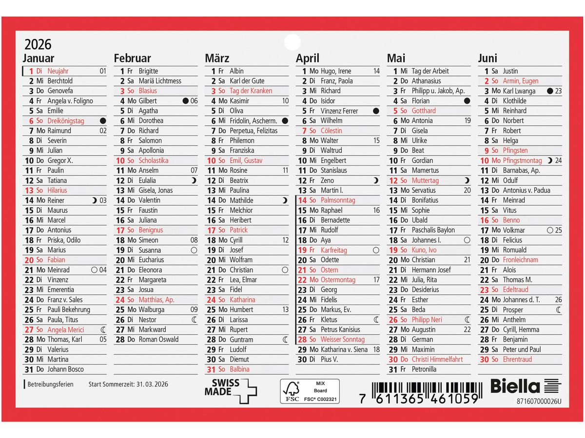 BIELLA Wandkalender 2026 871607000026U 6M/1S rot/weiss DE 16.5x11.5cm (7611365527489)