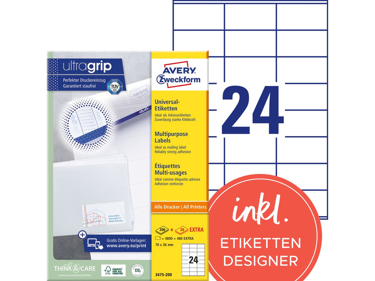 AVERY ZWECKFORM Etiketten 70x36mm 3475-200 weiss 5280 Stk./200+20 Blatt (4004182249505)