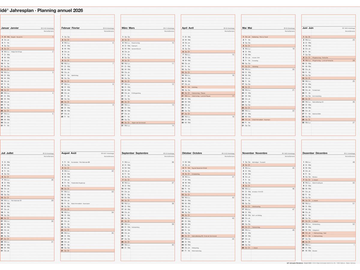 RIDOIDE Planificat. annuel mural 2026 7033650006.26 1A/1P AL/FR 86x61cm (4003273792272)