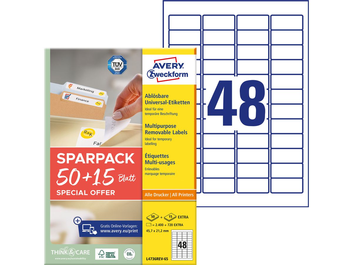 AVERY ZWECKFORM Universal-Etiketten 457x212mm L4736REV-65 weiss 50+15 Blatt (4004182347867)