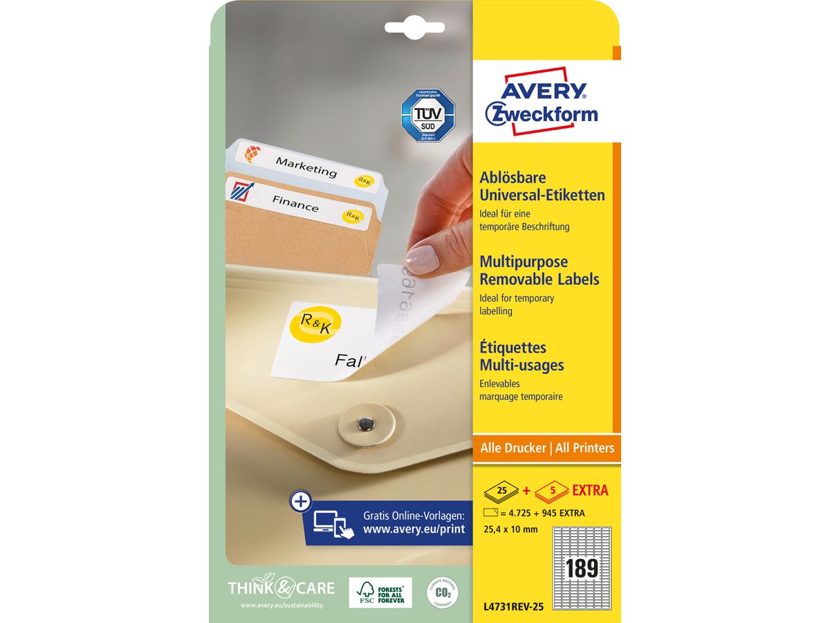 AVERY ZWECKFORM Universal-Etiketten 25.4x10mm L4731REV-25 weiss 5670 Stk./25 + 5 Blatt (4004182047316)