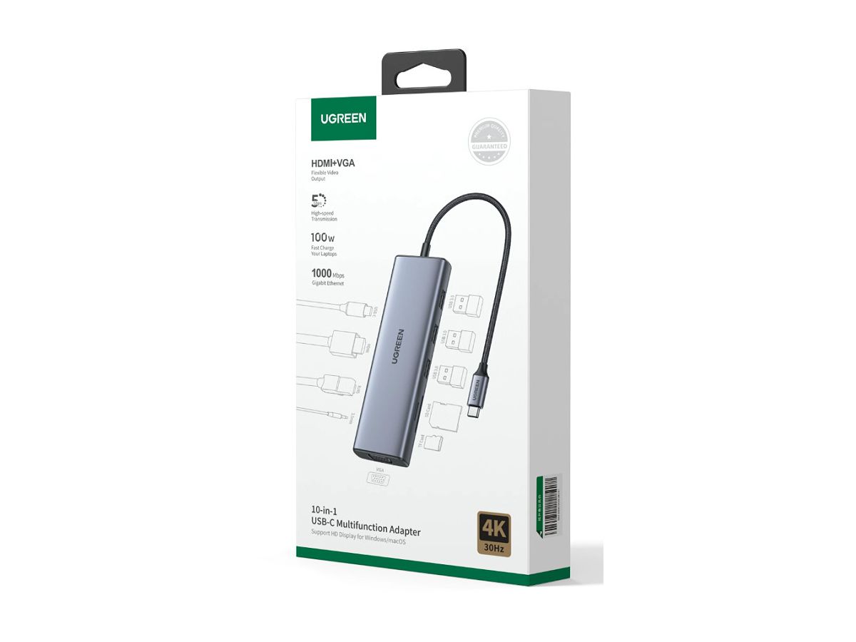 UGREEN USB-C to 3xUSB-A Hub 10in 1 15601 HDMI,VGA,RJ45,3.5mm,SD,TF,PD (6941876216017)