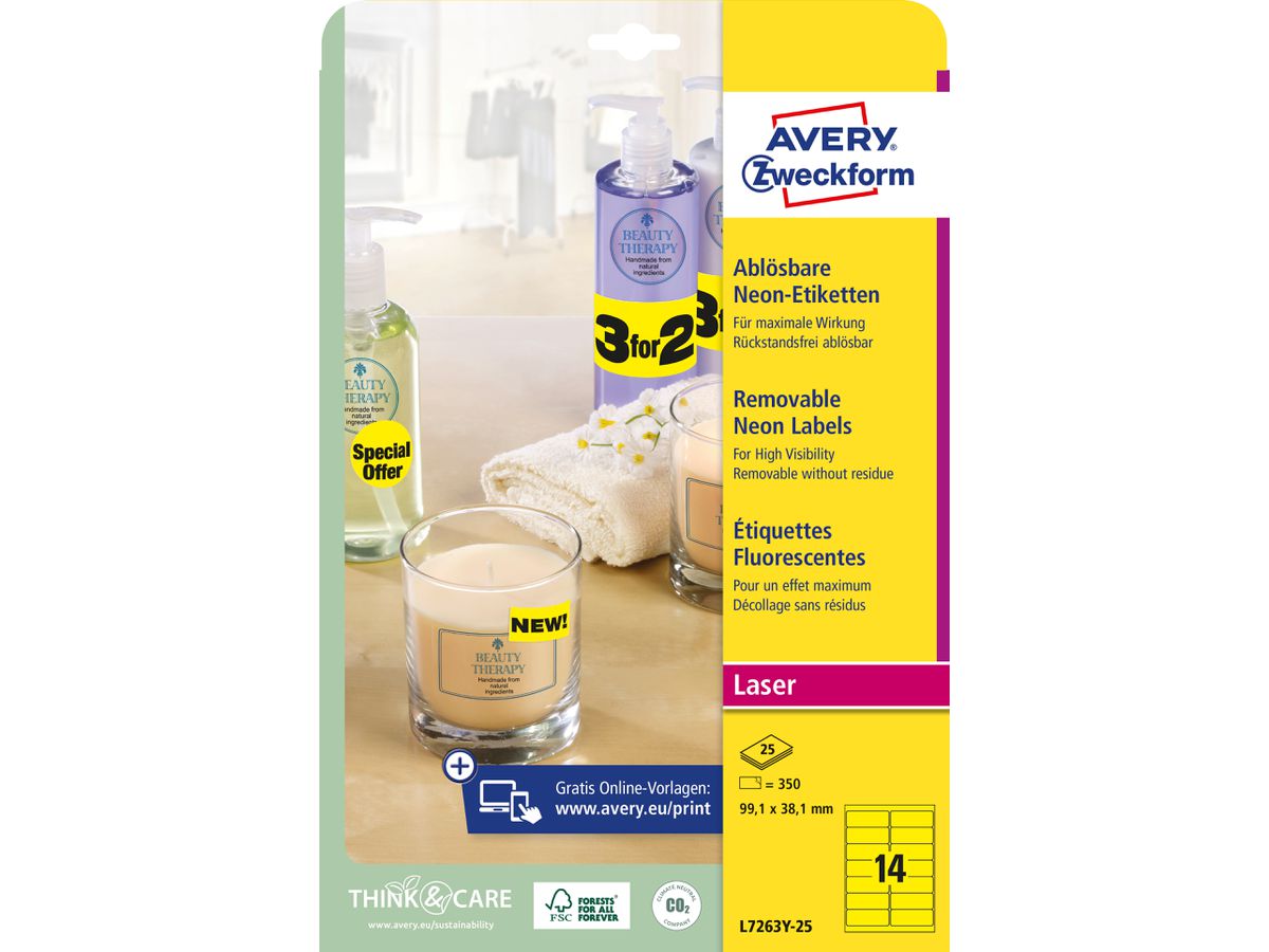 AVERY ZWECKFORM Etiquettes 99,1x38,1mm L7263Y-25 jaune 350 pcs. (4004182608432)