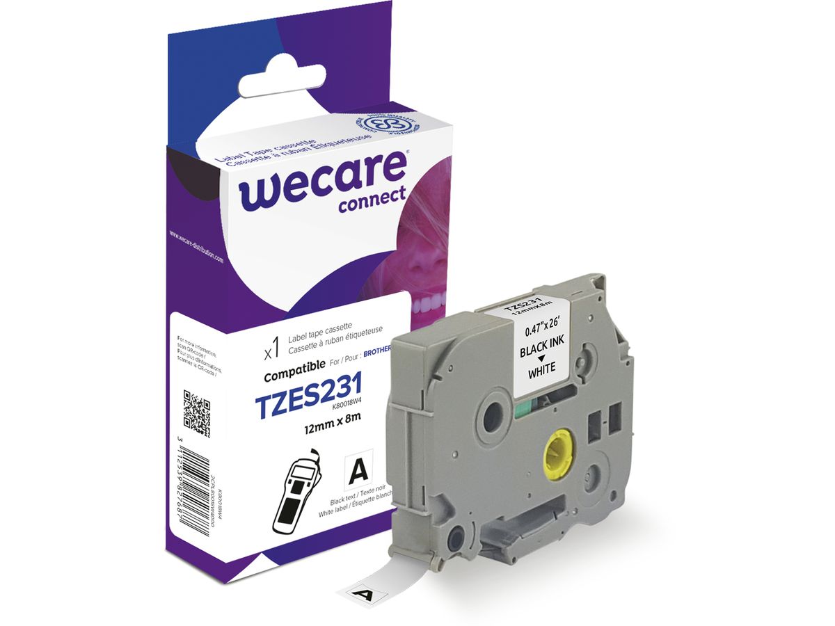 WECARE Band, laminiert schwarz/weiss TZeS231WE ersetzt Ptouch Tze-S231 12mm (3112539827687)