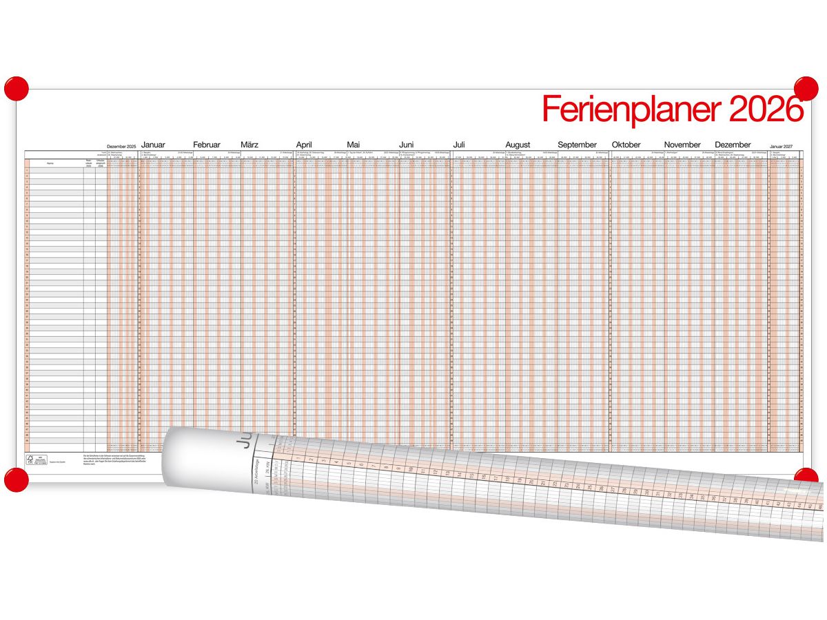 BÜHNER Pianificat. di vacanze DE 2026 UP12-CH-R-FS per 49 dipendenti 99x49cm (4260256370296)