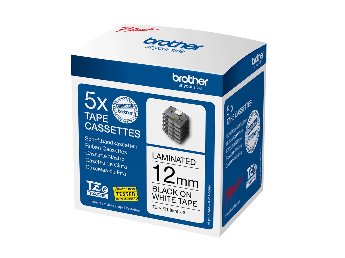 PTOUCH Band, laminiert schwarz/weiss TZe-231M5 PT-1280VP 5er Pack 12 mm (4977766802796)