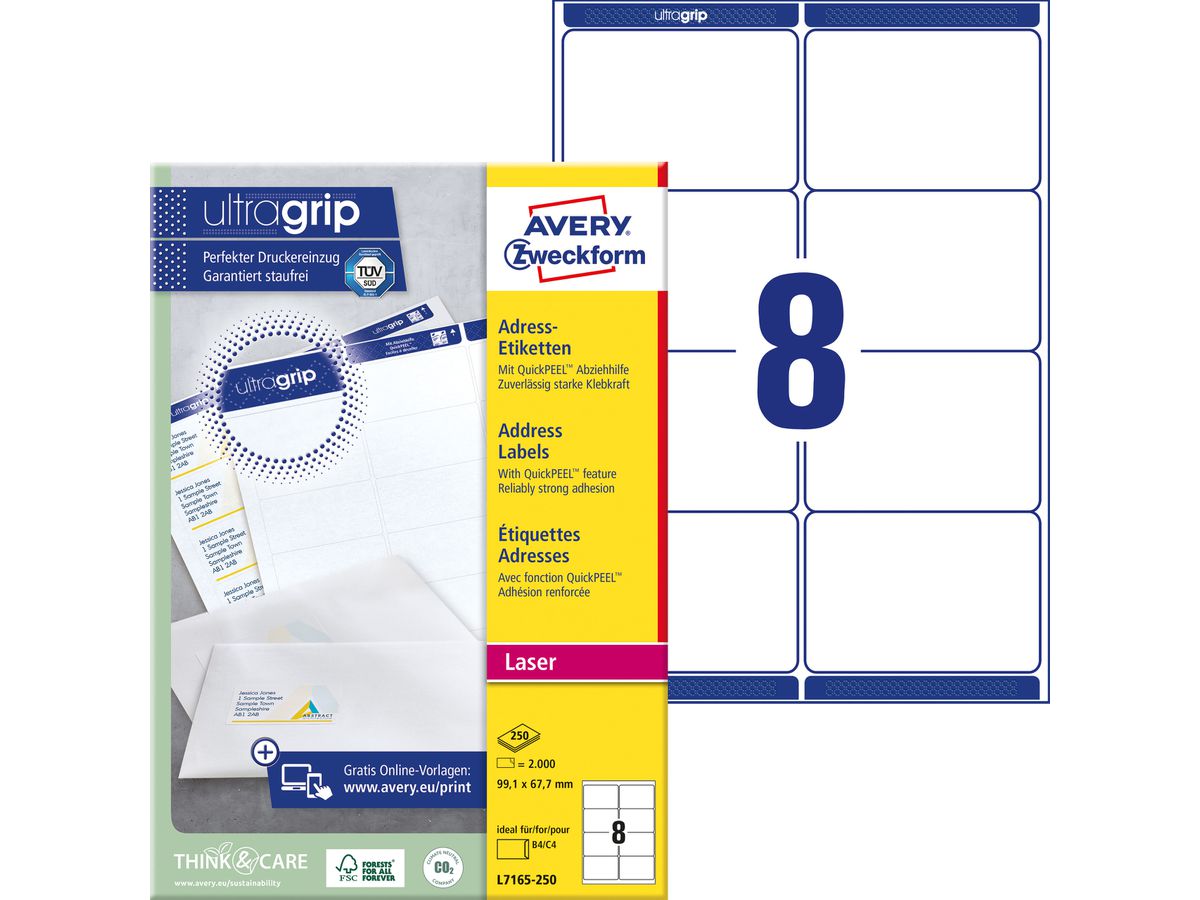 AVERY ZWECKFORM Adressetiketten 99,1x67,7mm L7165-250 weiss 2000 Stk./250 Blatt (4004182251904)