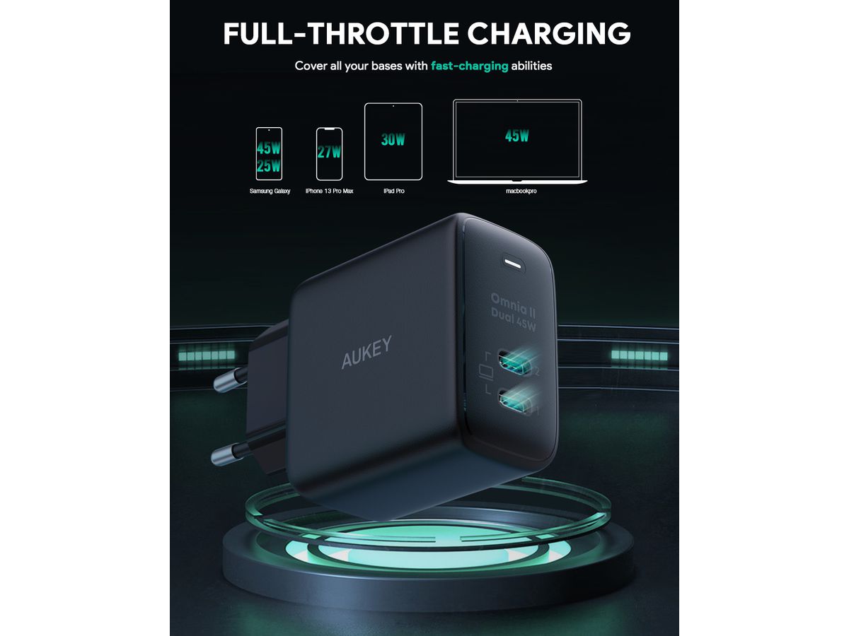 AUKEY Omnia II Dual 45W GaN PD PA-B4T BK 2-Port USB-C Wall Charger B. (0689323787500)
