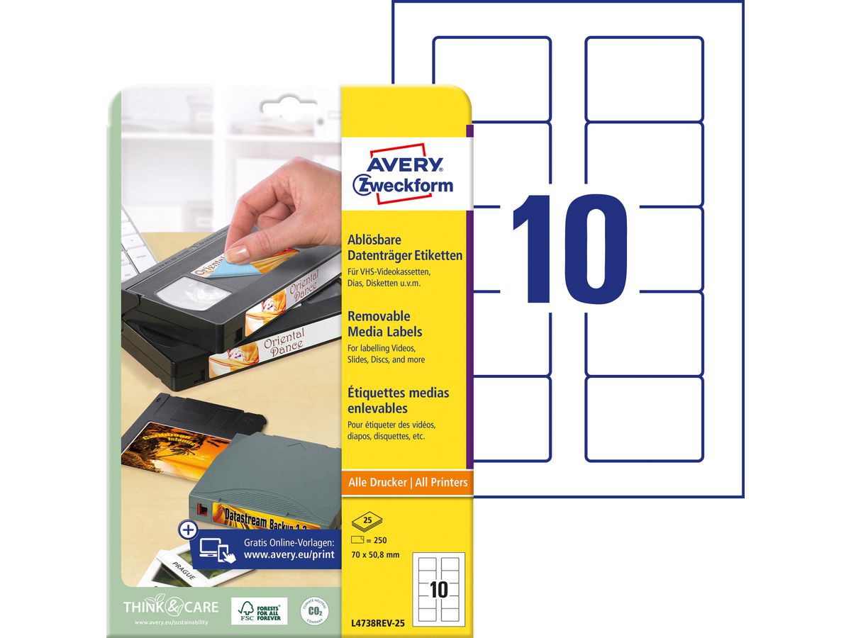 AVERY ZWECKFORM Disketten-Etiketten 70x50,8mm L4738REV-25 non-perm. 250 Stk./25 Bl. (4004182047385)