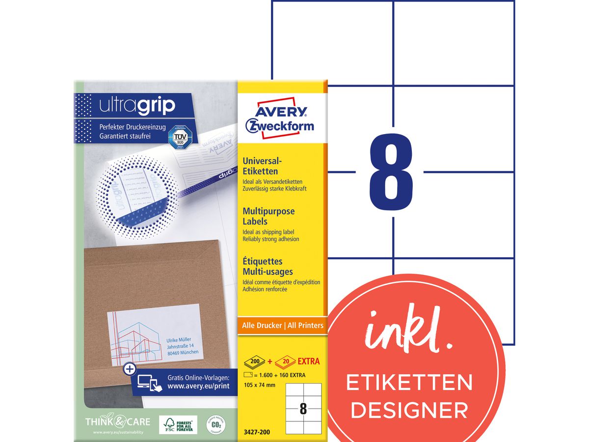 AVERY ZWECKFORM Etichette 105x74mm 3427-200 bianco 1760 pz./200+20 fogli (4004182249598)