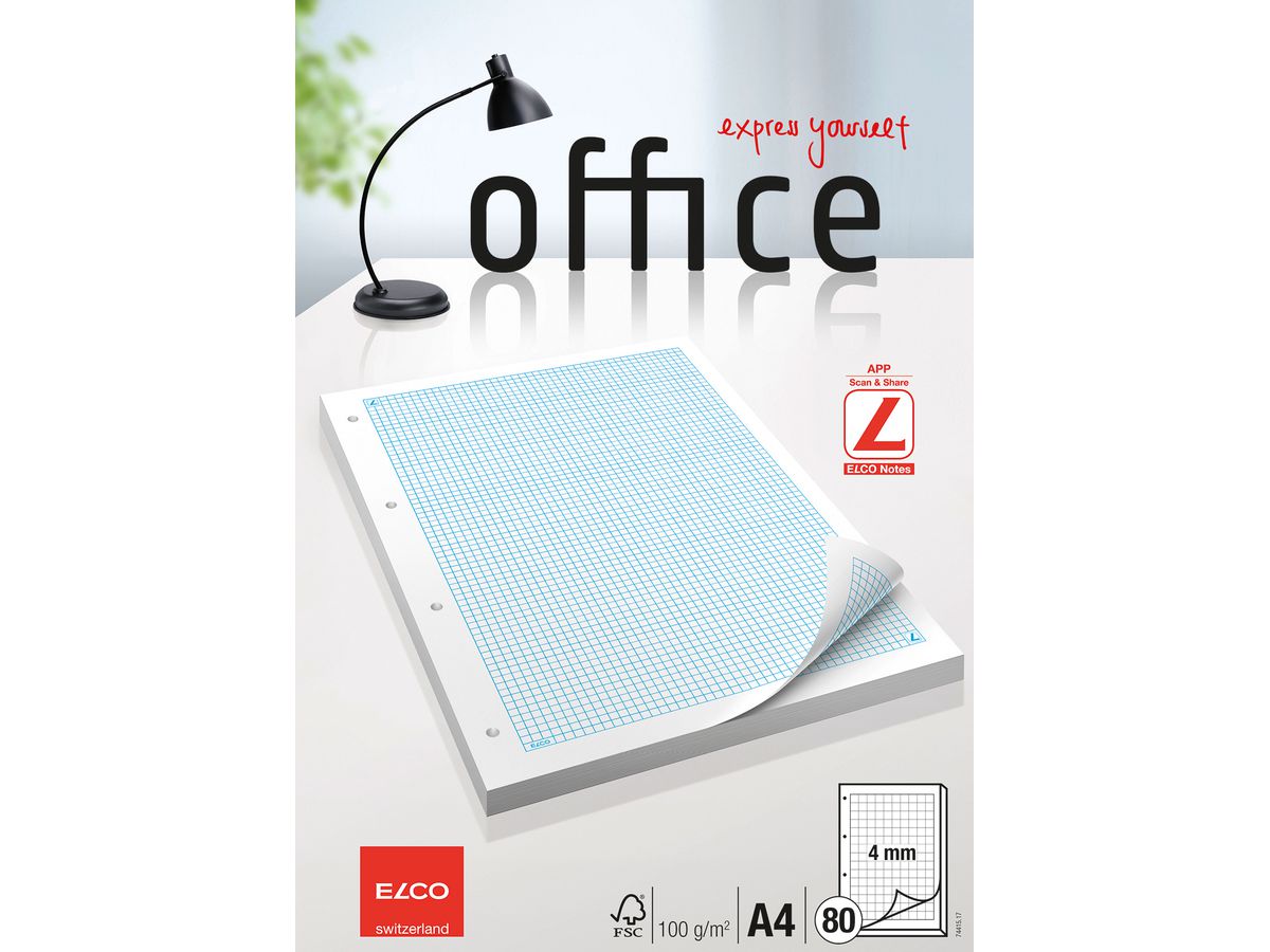 ELCO Ringbuchblock kariert 4mm A4 74415.17 hochweiss, 100g, 4-Loch 80 Bl. (7611722018353)