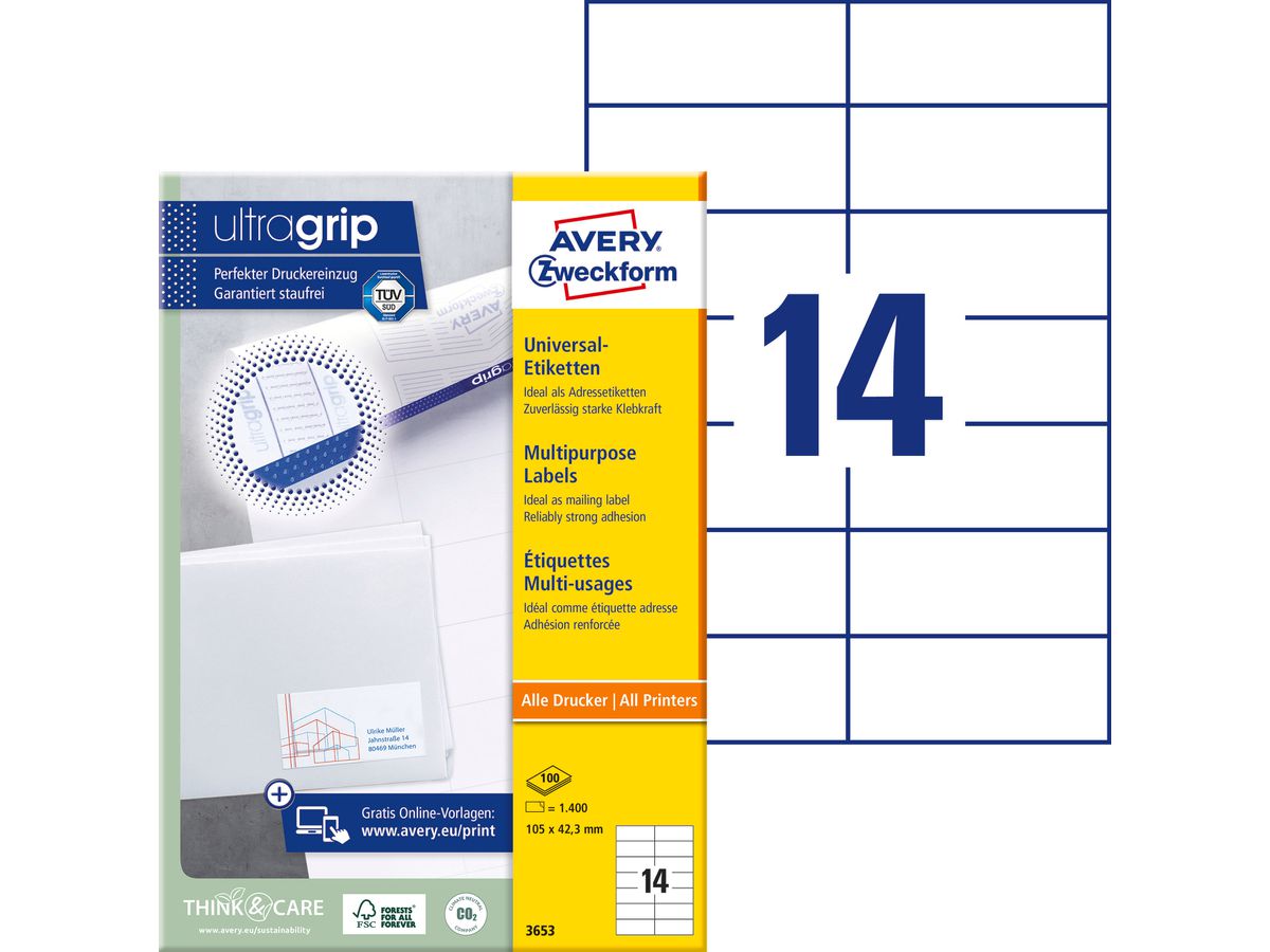 AVERY ZWECKFORM Universal-Etiketten 105x42,3mm 3653 weiss 1400 Stk./100 Blatt (4004182036532)