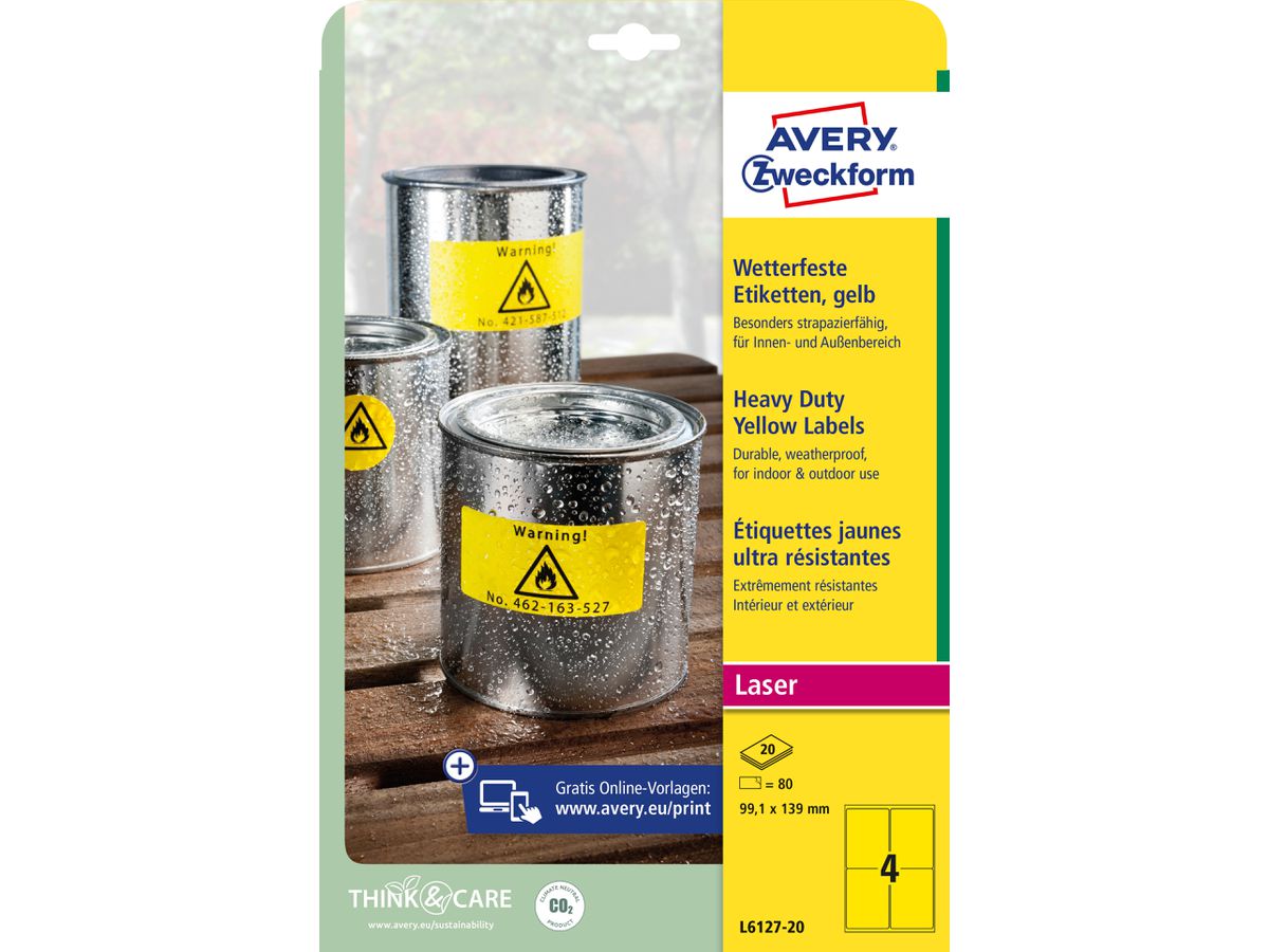 AVERY ZWECKFORM Typenschild Labels 99,1x139mm L612720 gelb 80 Stück/20 Blatt (4004182048368)