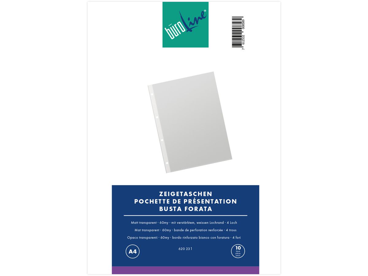 BÜROLINE Zeigetaschen PP 60 my A4 620231 transparent, genarbt 10 Stück (7612532008589)