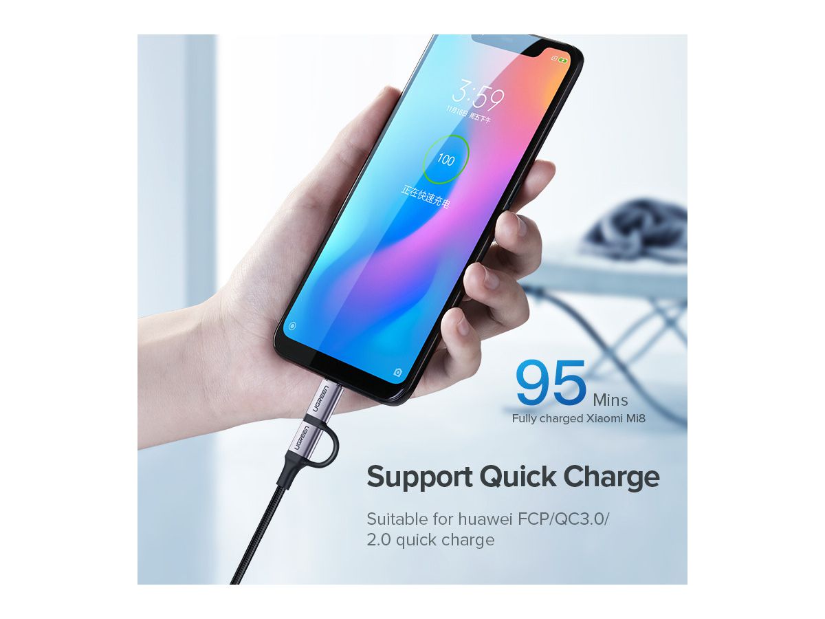 UGREEN Cable USB-A-MicroUSB+USB-C 30875 1m, Black (6957303838752)