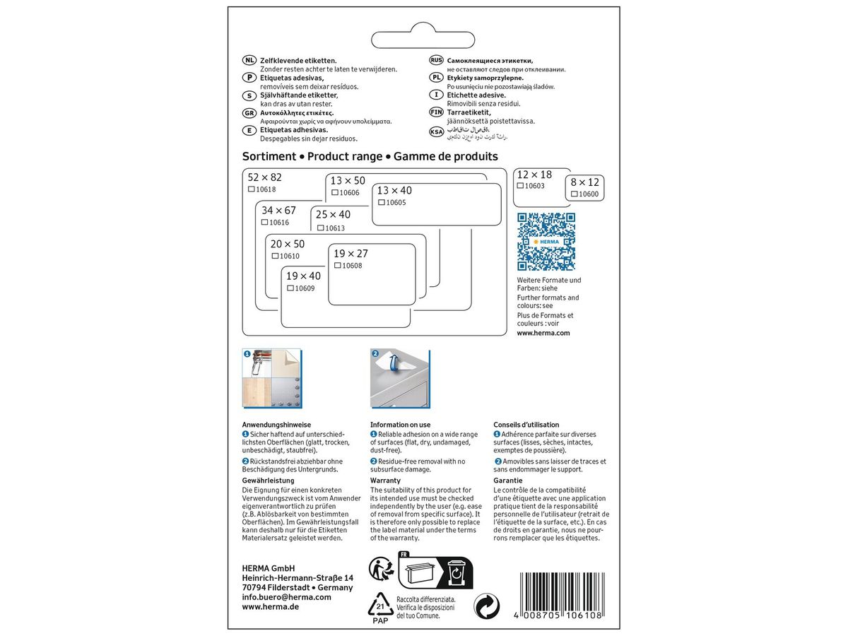 HERMA Etiketten Ablösbar 20×50mm 10610 weiss, non perm. 480 Stück (4008705106108)