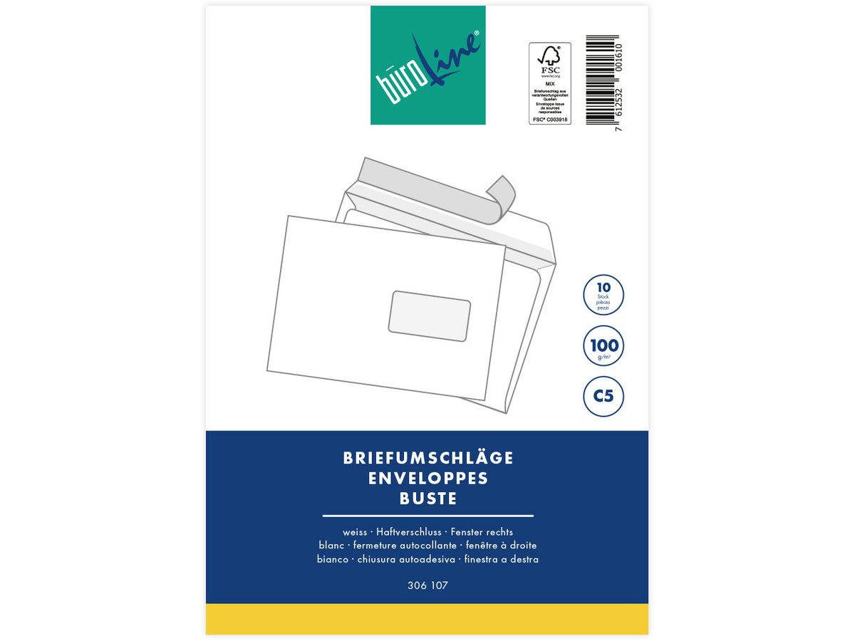 BÜROLINE Couvert m/Fenster rechts C5 104589 100g, weiss 10 Stück (7612532001610)