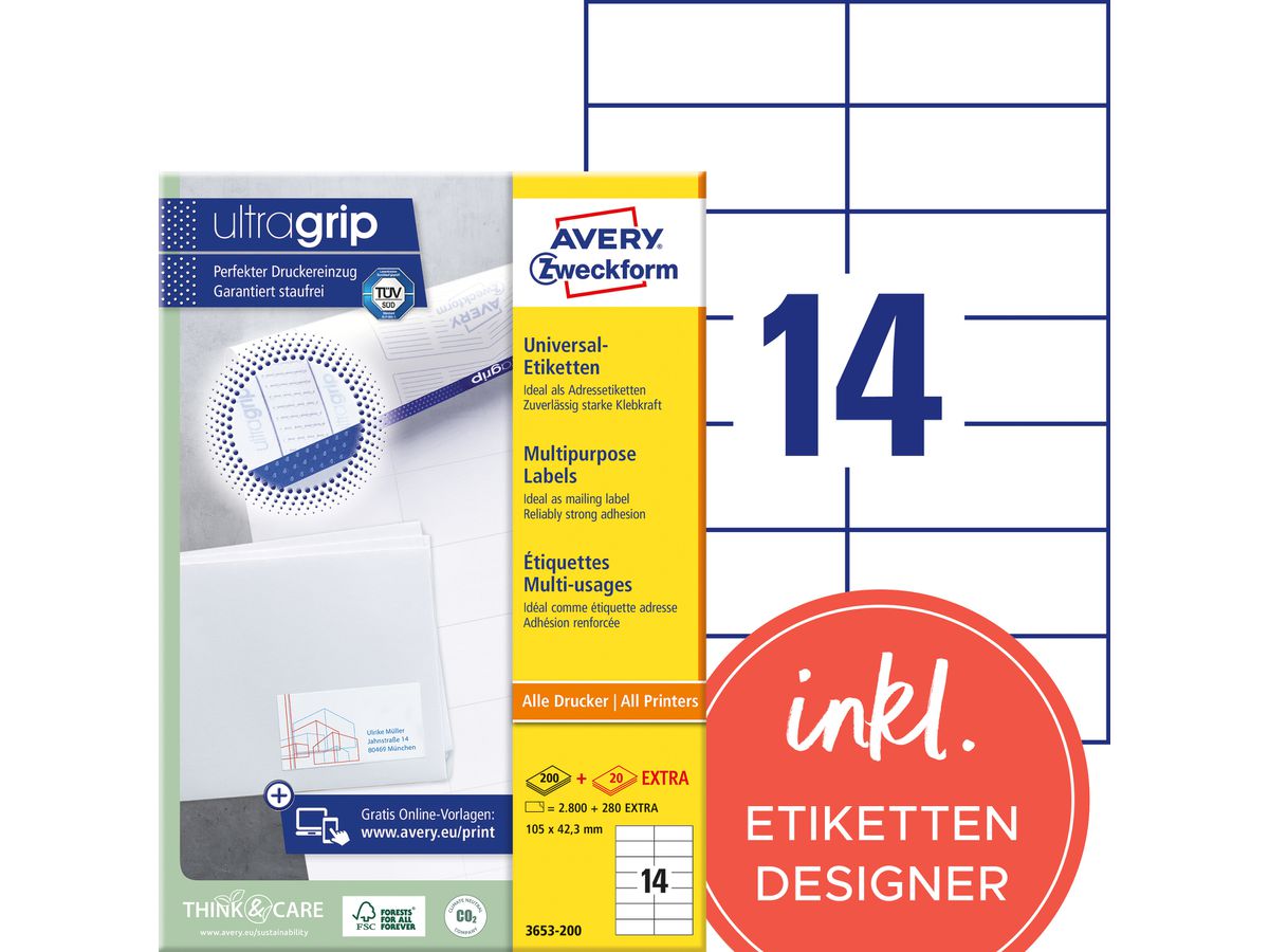 AVERY ZWECKFORM Etichette 105x42,3mm 3653-200 bianco 3080 pz./200+20 fogli (4004182249574)