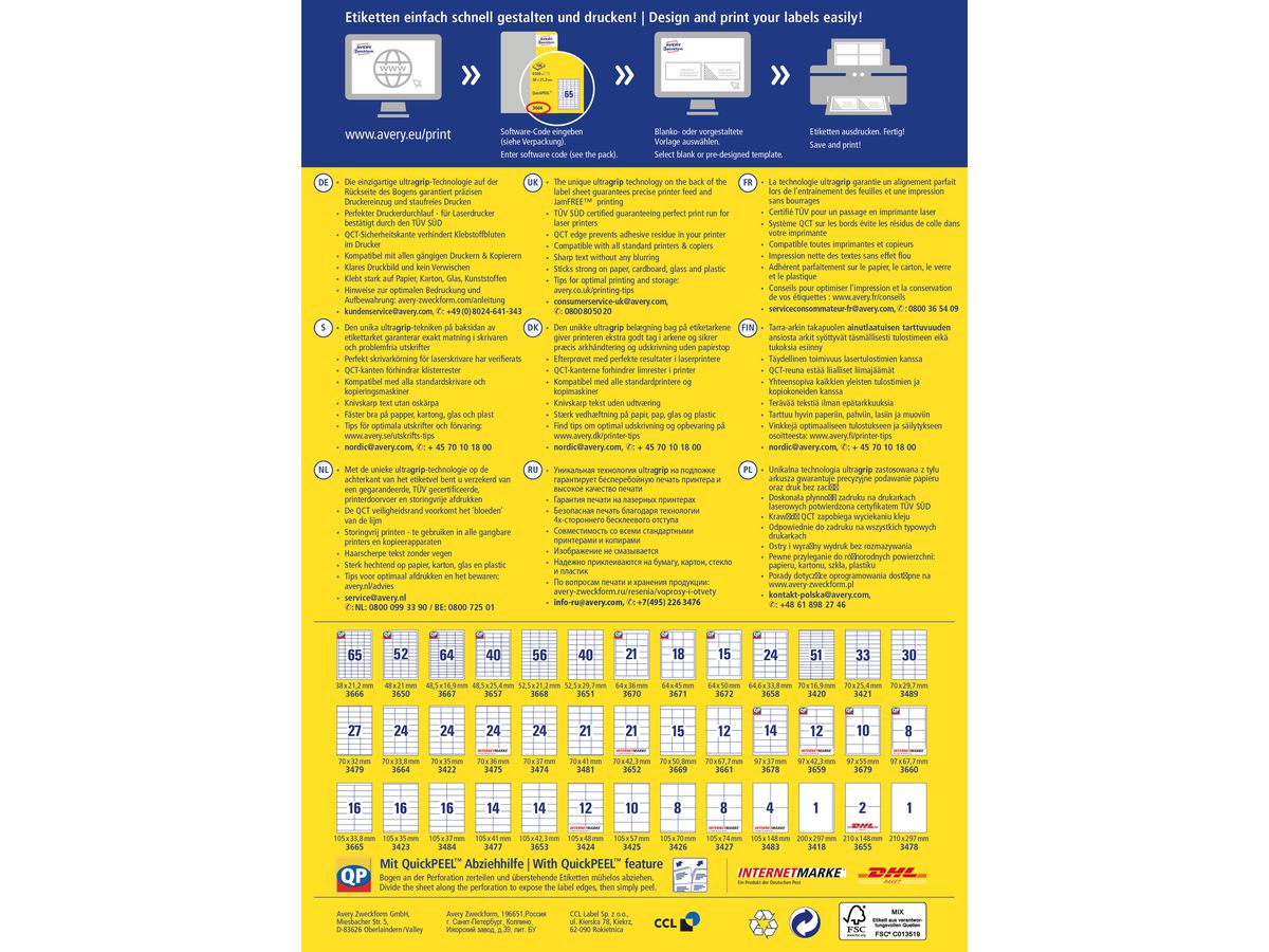 AVERY ZWECKFORM Etichette universali 70x25,4mm 3421 bianco 3300 pz./100 fogli (4004182034217)