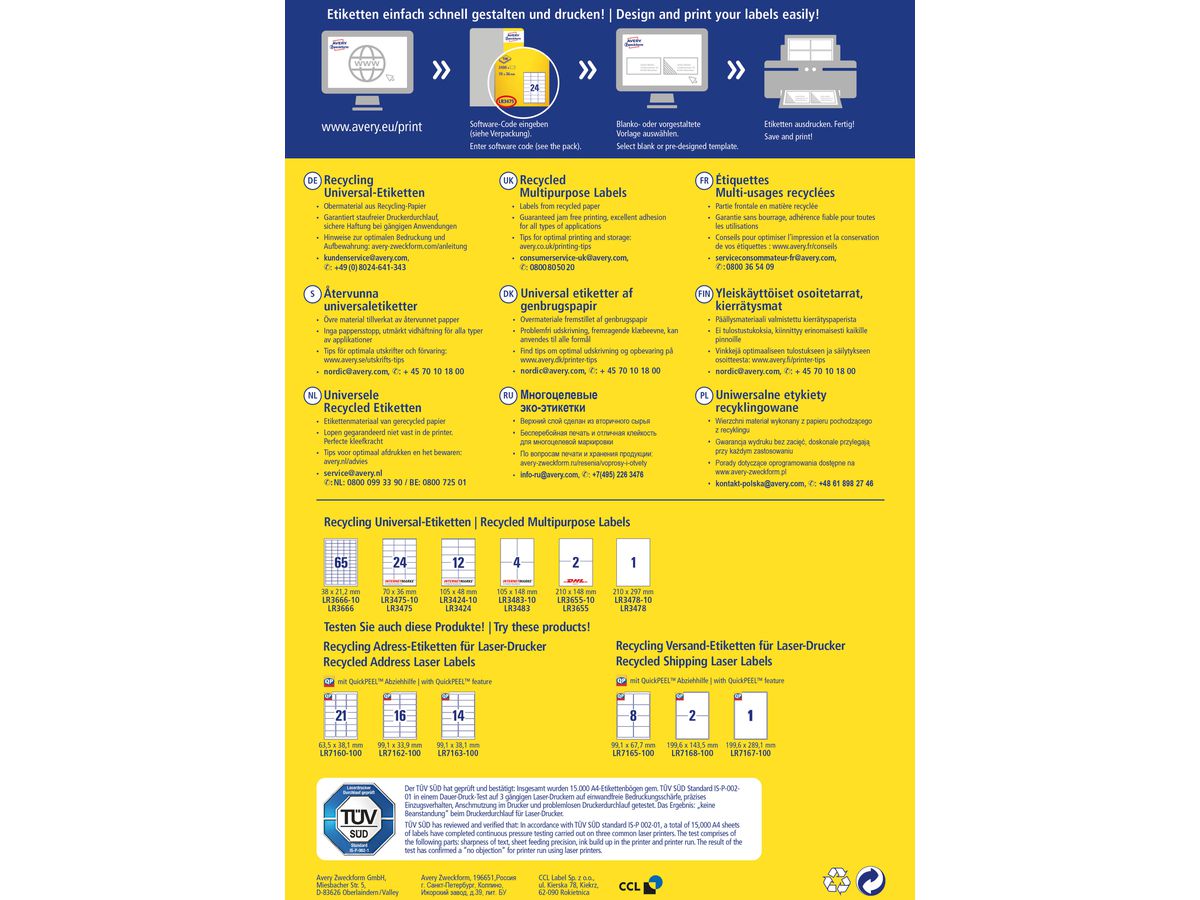 AVERY ZWECKFORM Etichette 70x36mm LR3475 recycling 2400 pezzi (4004182035399)