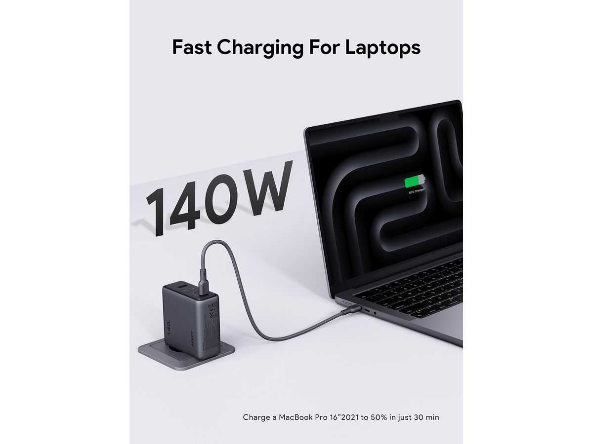 AUKEY Comet Mix 140W GaN PD PA-C6 3-Port, Wall Charger Grey (0689323788224)