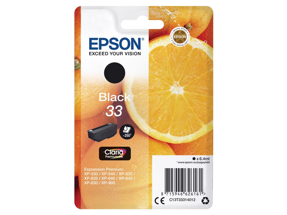 EPSON Tintenpatrone 33 schwarz T333140 XP-530/630/830 250 Seiten (8715946626161)