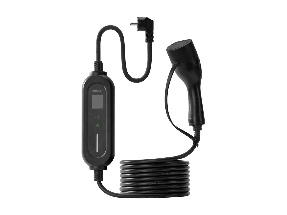 DELTACO e-Charge cable Schuko,Type 2 EV-1233 6-16A, 3.5 kW, 5.5m, Black (7333048066978)