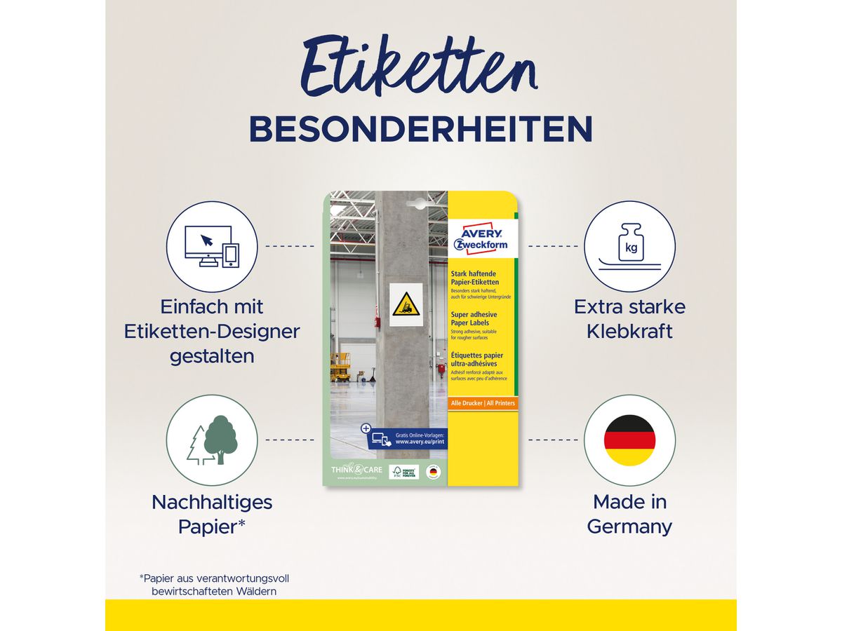 AVERY ZWECKFORM Etiketten Univ. 63.5x29.6mm L7874-20 weiss, stark haftend 20 Blatt (4004182070062)