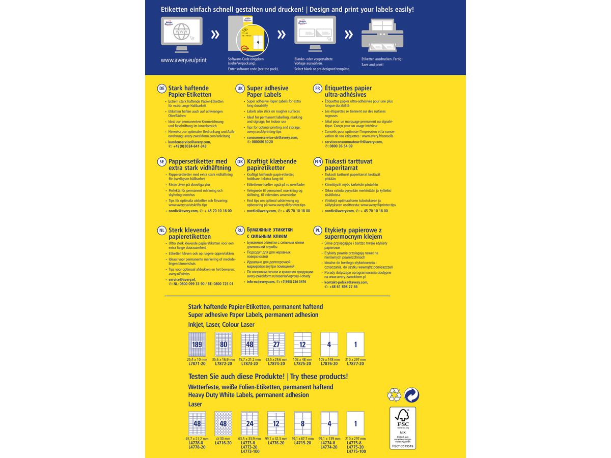 AVERY ZWECKFORM Etichette Univ. 105x48mm L7875-20 bianco, strong 20 fogli (4004182070079)