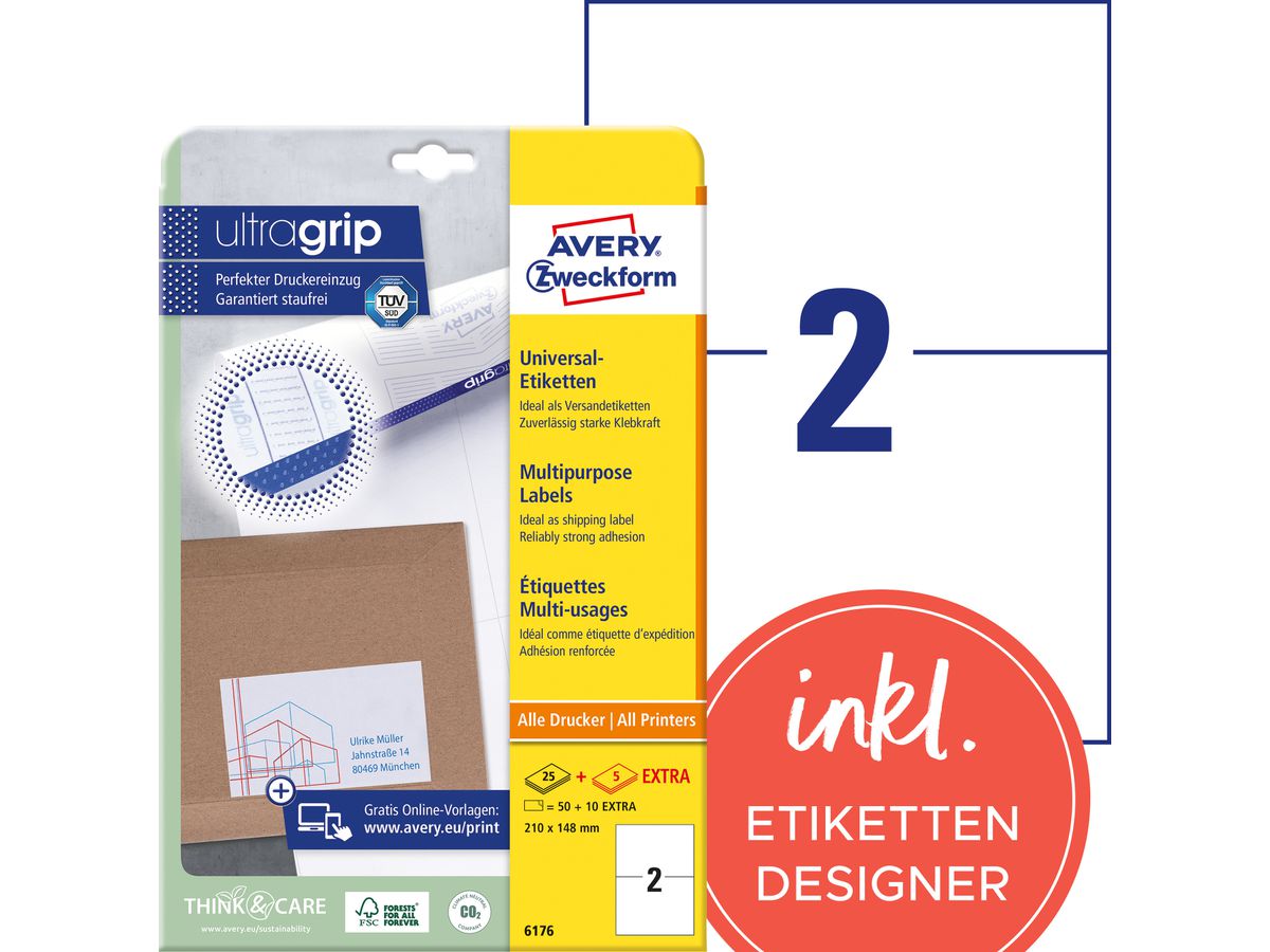 AVERY ZWECKFORM Universaletiketten 210x148mm 6176 weiss 60 Stk./25 + 5 Blatt (4004182433386)
