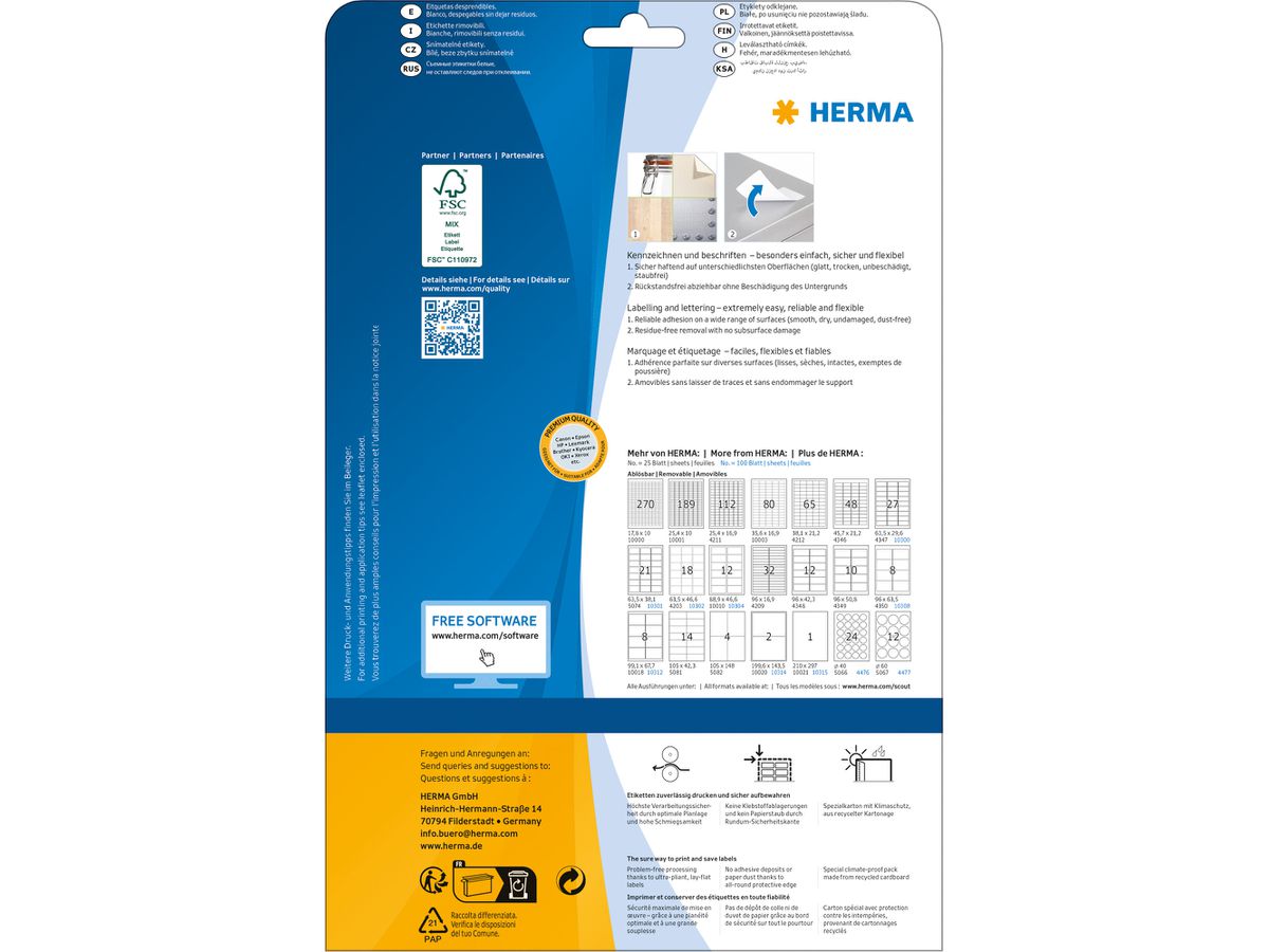 HERMA Etiketten Ablösbar 105x42.3mm 5081 weiss,non-perm. 350 St./25 Bl. (4008705050814)