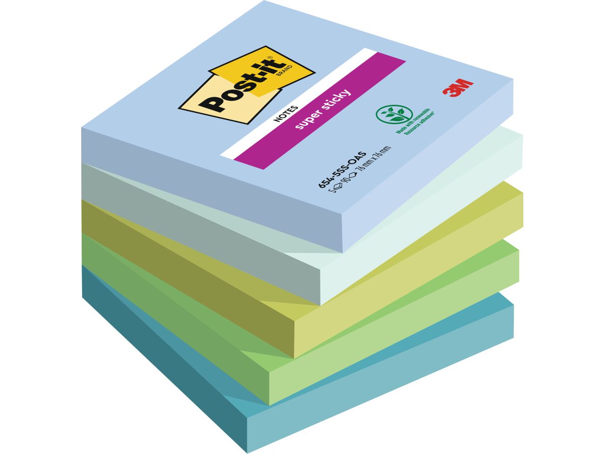 POST-IT Block Super Sticky Oasis 654-5SS-OAS 5-farbig, 5x90 Blatt 76x76mm (4054596924284)