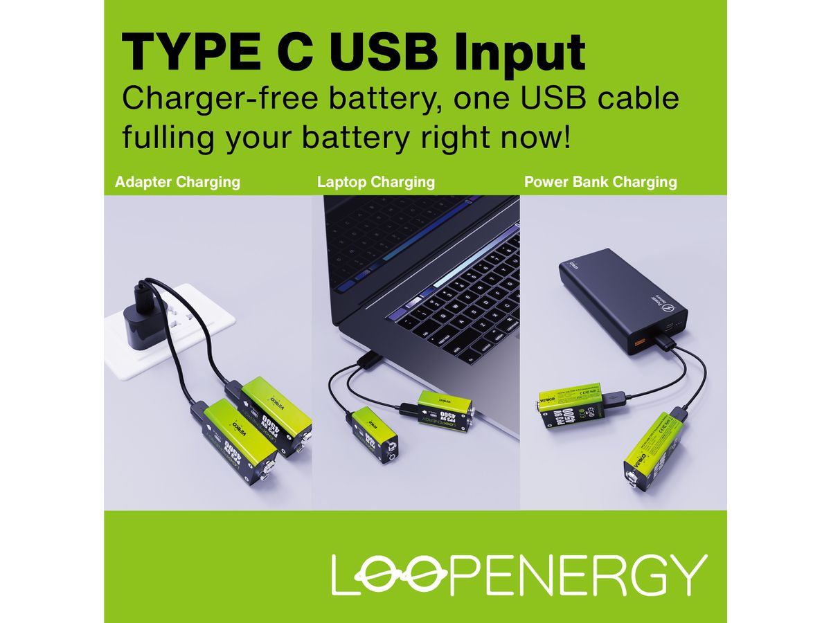 VERICO LoopEnergy Akku USB-C 1UDBT-A3WEB2 9V/6LR61 (500mAh) 2 Stück (4713095608995)